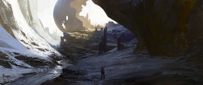 Science fiction landscape with a lone figure
