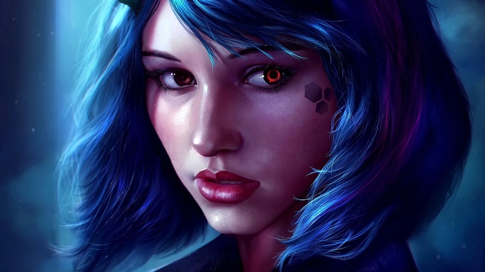 Woman with blue hair and red eyes