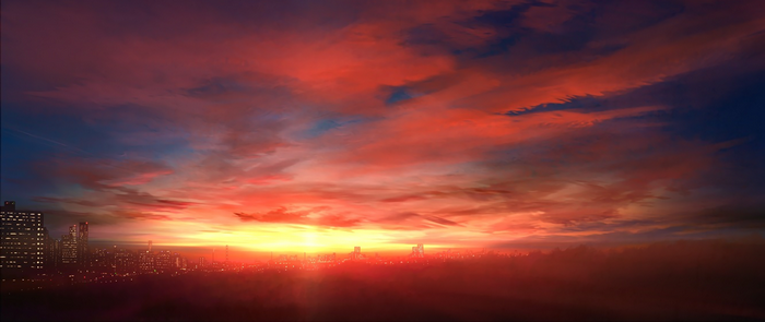 Anime cityscape at sunset with dramatic clouds