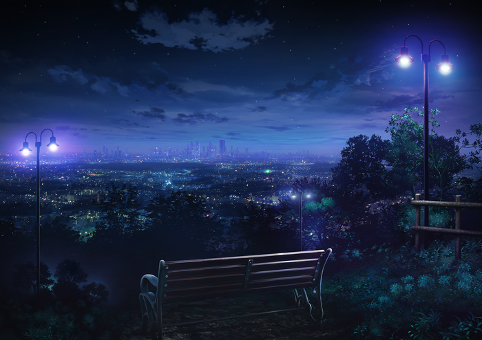 cityscape, lantern, anime, night, landscape, skyline, bench, park, hills, city lights