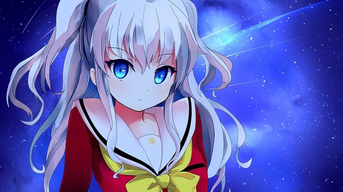 Tomori Nao with blue eyes and white hair