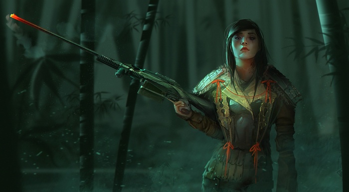 Woman with a rifle in a bamboo forest