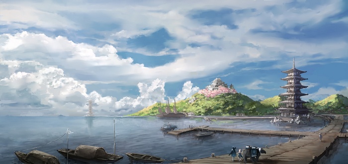 Anime landscape of a harbor with Asian architecture