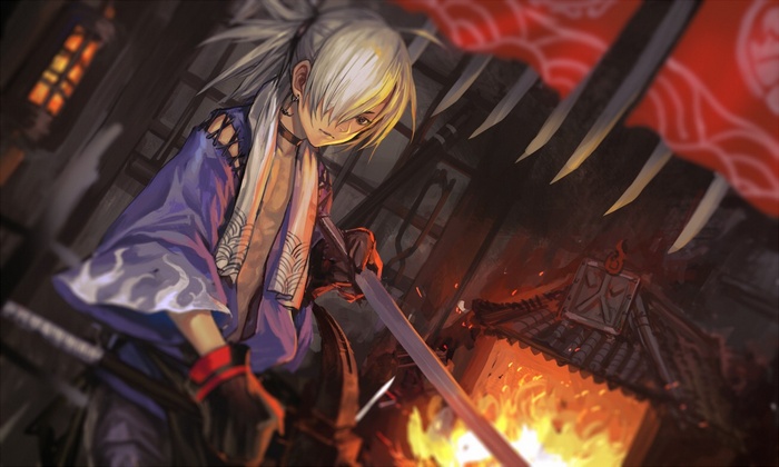 Anime blacksmith with sword and fire