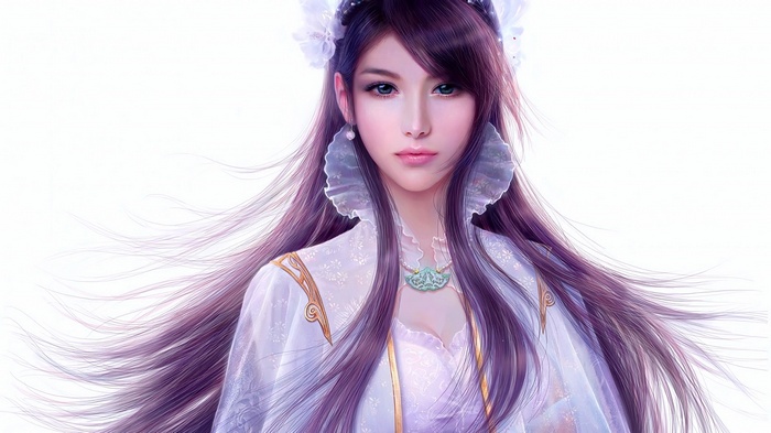 Asian woman with long purple hair and ornate clothing