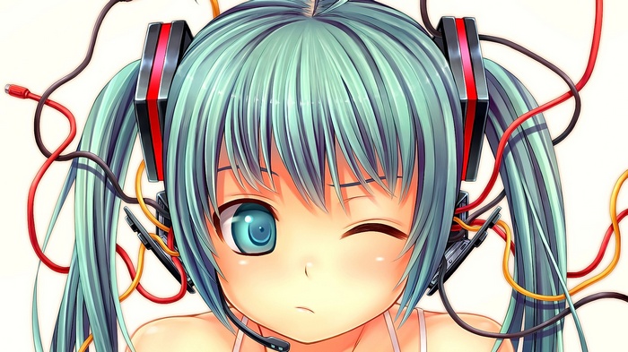 Hatsune Miku with headphones and wires
