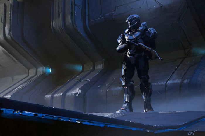 Halo Spartan soldier in futuristic armor holding a gun
