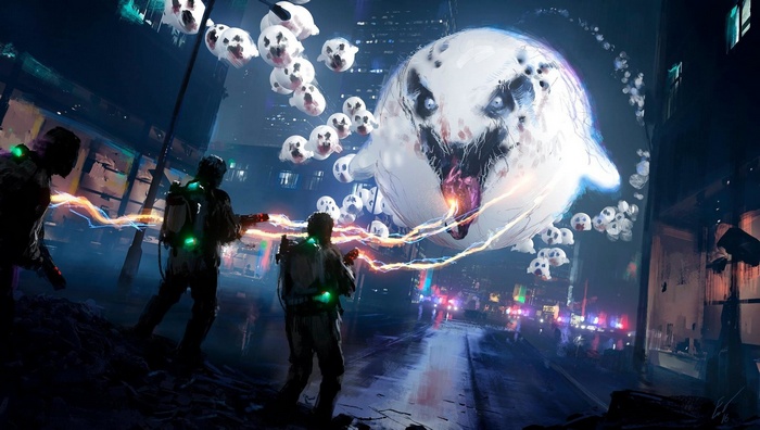 Ghostbusters fight a giant ghost in a city