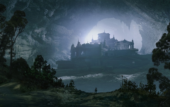 Fantasy cave with ancient structure and lone figure