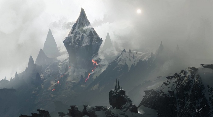 Fantasy mountains with lava and snow by Espen Saetervik