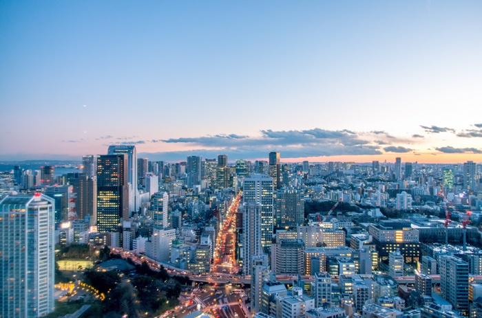 Tokyo cityscape at dusk with illuminated buildings and roads