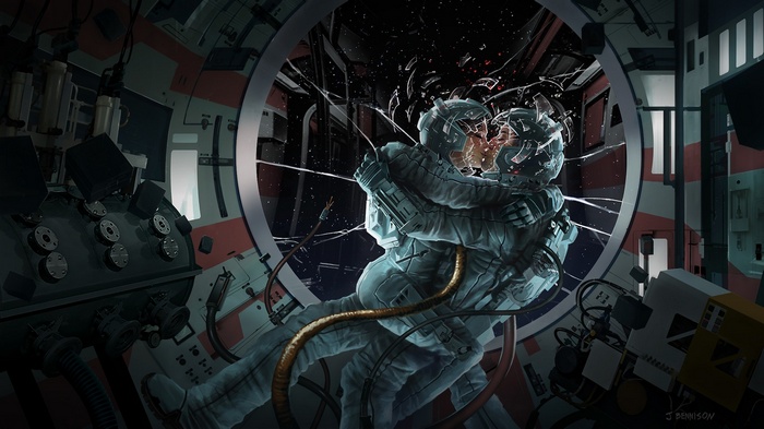 Astronauts kissing in a broken spaceship window