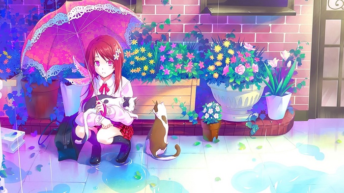 Anime girl with cats under an umbrella in the rain