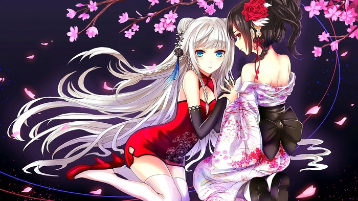 Cheongsam, cherry blossom, kimono, original characters, lesbians, anime girls, anime, Chinese dress