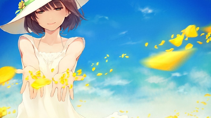 Anime girl in a white dress and hat with yellow flower petals