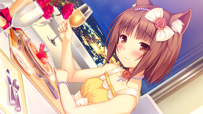 Azuki from Neko Para holding a champagne glass