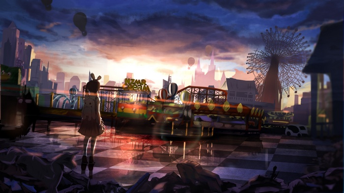 Anime girl at abandoned amusement park with ferris wheel at sunset