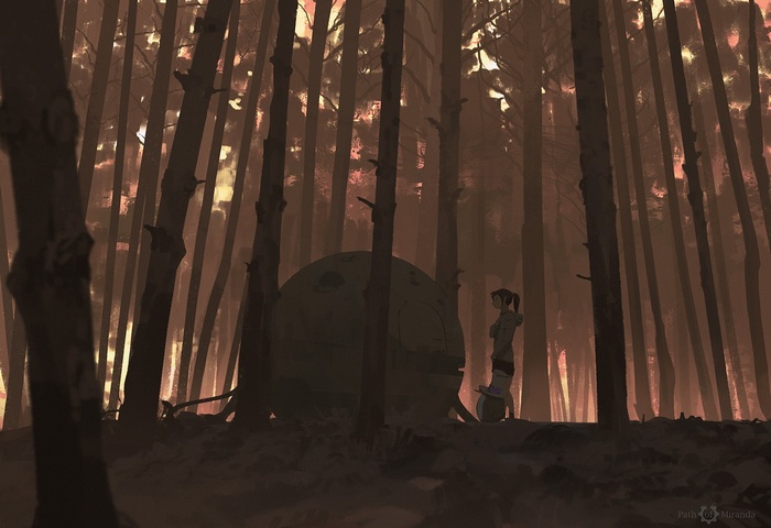 Anime girl and sphere in a dark forest