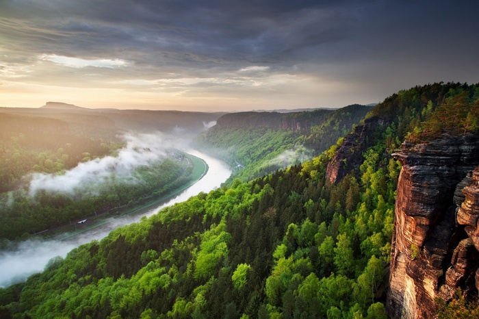 forest, sunset, Czech Republic, spring, clouds, nature, river, canyon, landscape, mist, cliff