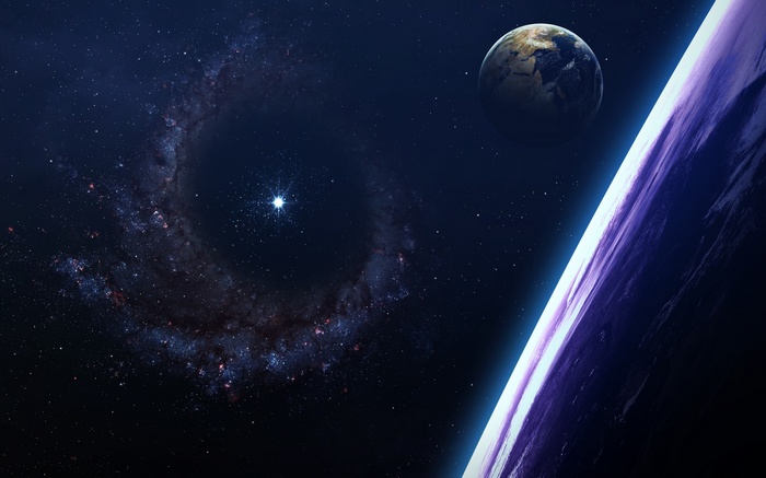 Planet and galaxy in deep space