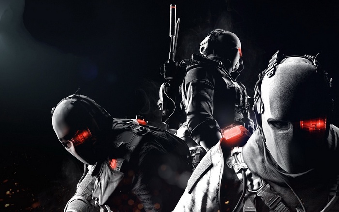 Three soldiers wearing masks with red glowing eyes