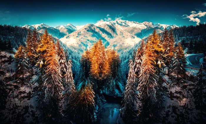Winter forest with snow-covered mountains and trees