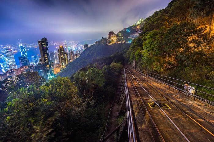 Hong Kong Peak Tramway overlooking the city at night