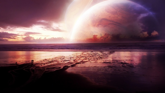 Beach with planets in the sky at sunset