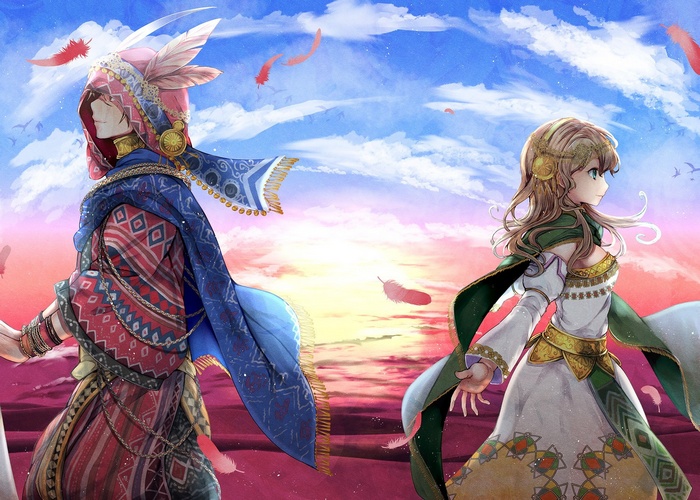 Anime couple with feathers and sunset sky