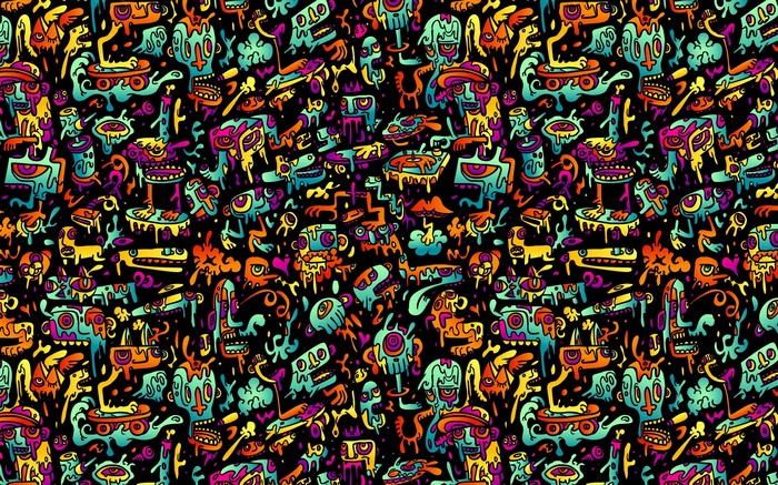 Abstract colorful doodle art with cartoon characters