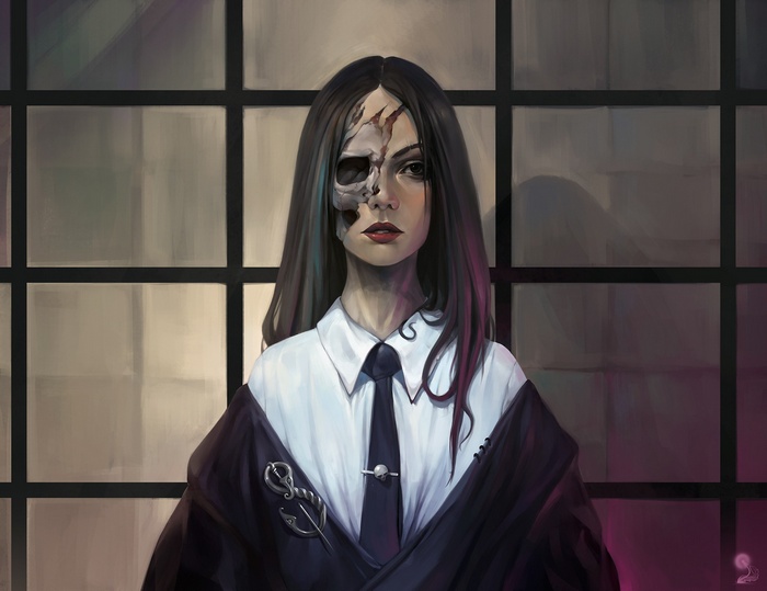 Artwork of a woman with half a skull face