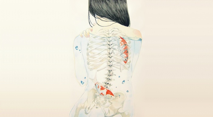 Watercolor artwork of a skeleton with koi fish inside