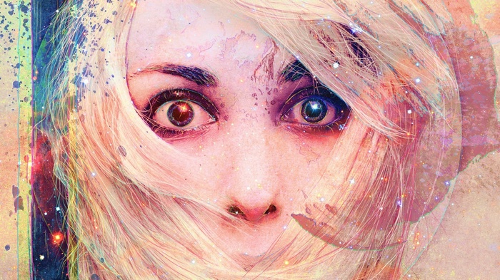 Artwork of a woman's face with blonde hair and starry eyes