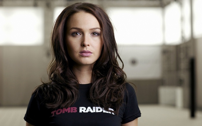 Camilla Luddington wearing a Tomb Raider t-shirt