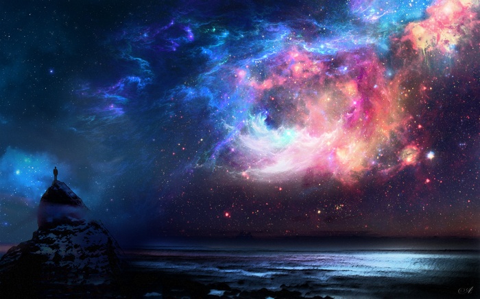 Silhouette on a rock overlooking a colorful nebula and ocean