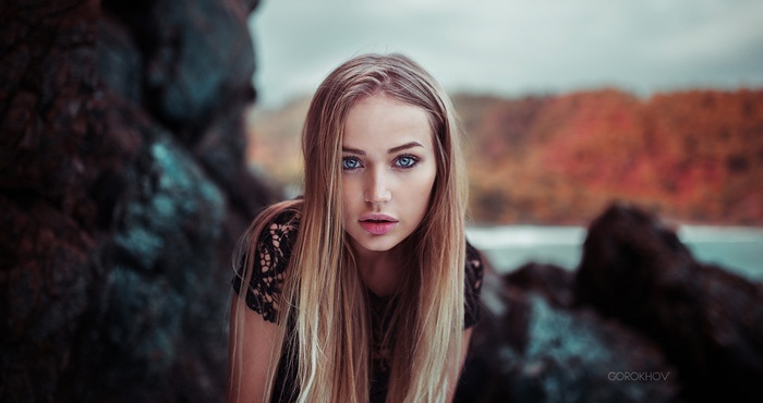 Ivan Gorokhov, Maria Puchnina, Mary Jane, portrait, straight hair, blonde, looking at viewer, depth of field, face, 500px, open mouth, blue eyes, women, long hair