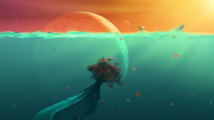 Underwater tree with planets and sharks