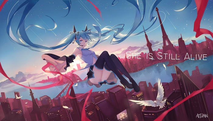 Hatsune Miku flying over Paris at sunset with red ribbons
