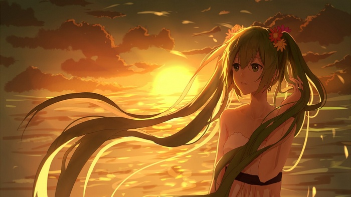 Anime girl with green hair at sunset