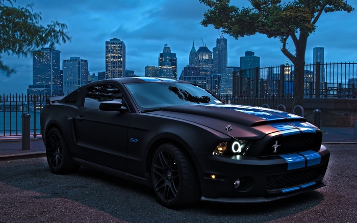 Matte black Ford Mustang with blue stripes in city
