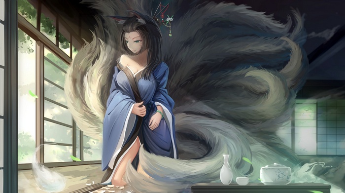 Fox girl in a blue kimono with multiple tails