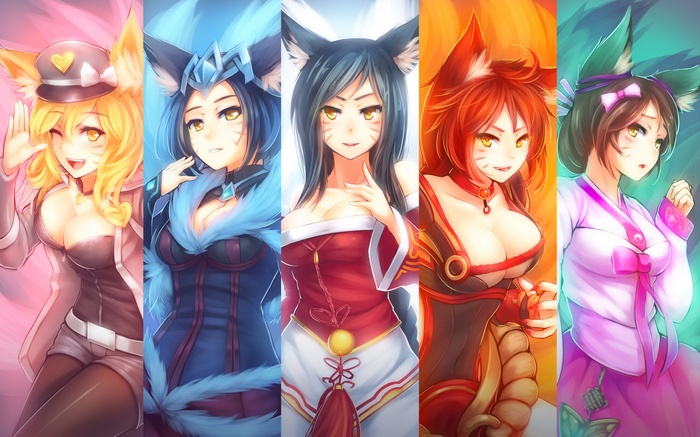 Five Ahri characters from League of Legends in different outfits