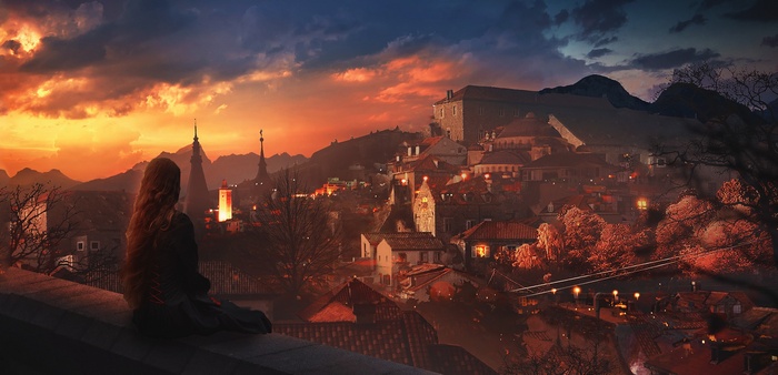 Fantasy town at sunset with a girl looking over the city