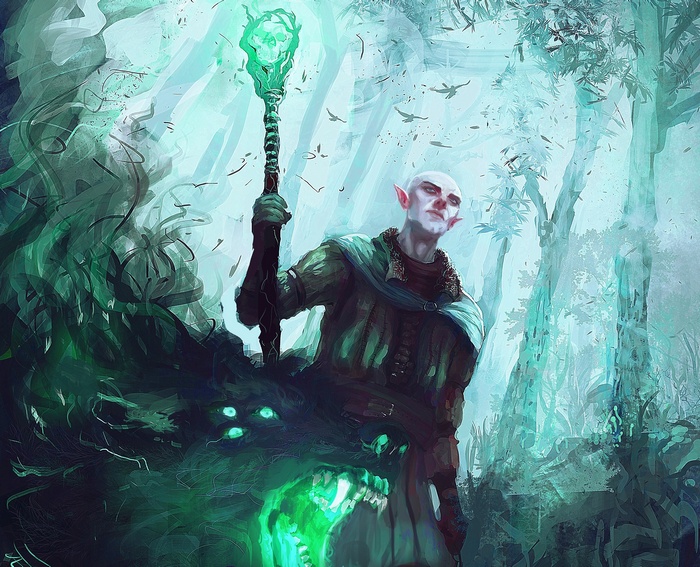 Solas with a spectral wolf and staff in Dragon Age: Inquisition