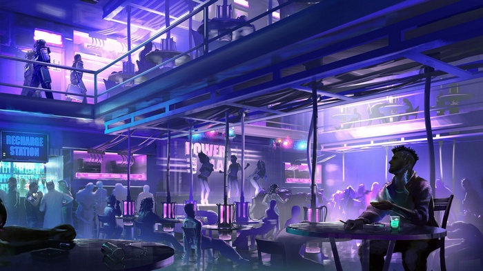 Cyberpunk club with dancers and patrons