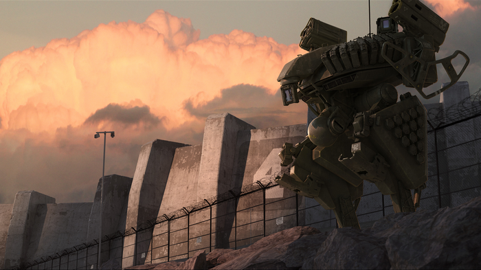 Military mech stands near a concrete wall at sunset