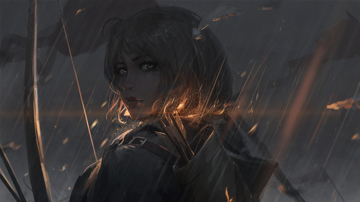 Fantasy warrior with bow and arrow in rain