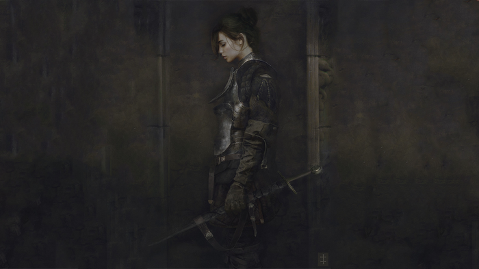 Artwork of a female warrior in armor holding a sword
