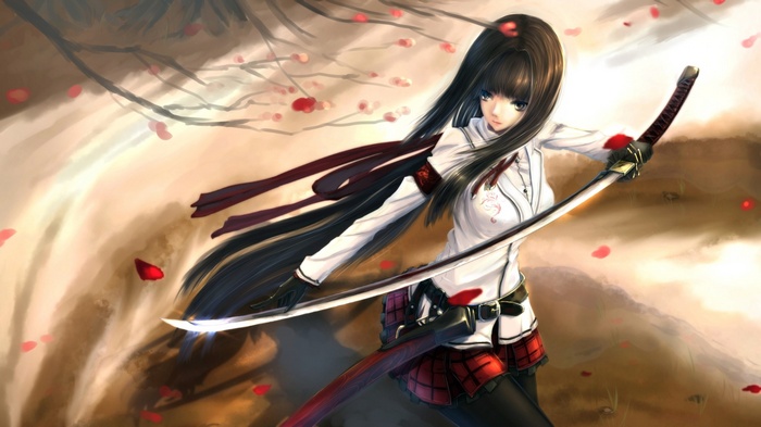 Anime girl with long black hair holding a katana