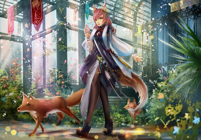 Anime Fox Girl with Foxes in a Greenhouse